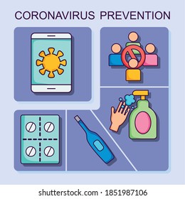 smartphone and coronavirus prevention icon set over purple background, flat style, vector illustration