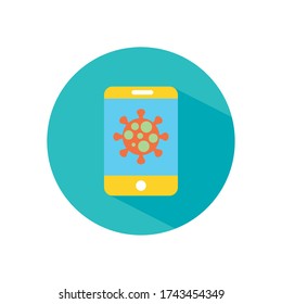 smartphone with coronavirus symbol on screen over white background, block style, vector illustration