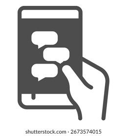 Smartphone com correspondência, ícone sólido do diálogo, conceito da comunicação do telefone, sinal do dispositivo da tela sensível ao toque no fundo branco, ícone do estilo do glifo para o design móvel e web. Gráficos vetoriais
