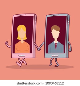 Smartphone couple holding hads vector illustration. Smartphone couple holding hads vector illustration.