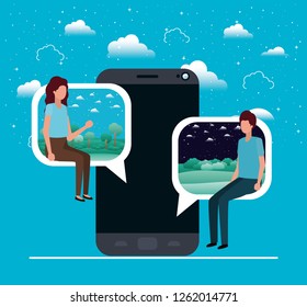smartphone with couple seated in speech bubble