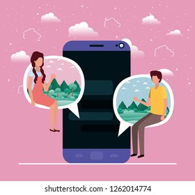 smartphone with couple seated in speech bubble