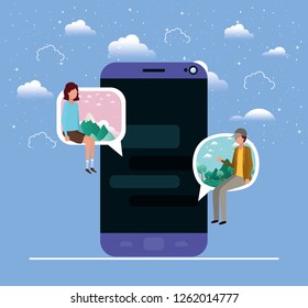 smartphone with couple seated in speech bubble