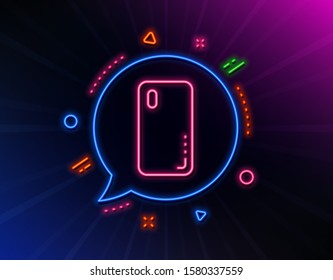 Smartphone cover line icon. Neon laser lights. Phone sign. Mobile device symbol. Glow laser speech bubble. Neon lights chat bubble. Banner badge with smartphone cover icon. Vector