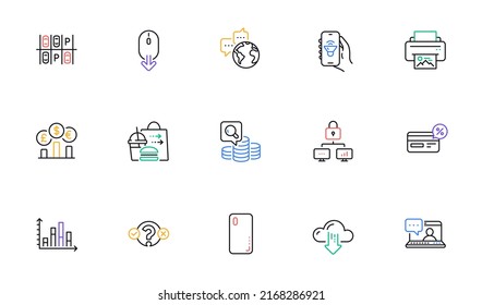 Portada de Smartphone, Lugar de estacionamiento e iconos de línea descendente para sitio web, impresión. Colección de descargas en la nube, tasa de divisa, iconos de bloqueo. Amigos conversan, comunicación mundial. Vector