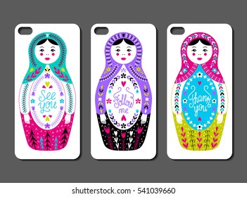 Smartphone cover pattern set. Three colourful bright decals for mobile. EPS 10 vector hand-drawn vintage background. Isolated