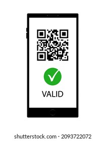 Smartphone with covid vaccination QR code. Valid certificate passport on the screen. Green pass. Vector illustration.