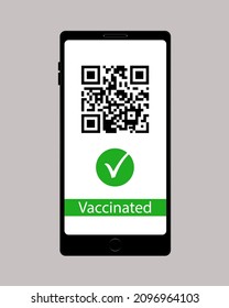 Smartphone with covid vaccination QR code and the text is vaccinated. Valid certificate passport on the screen. Green pass. Vector illustration. 