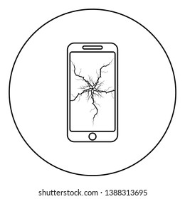 Smartphone with crack on display Broken modern mobile phone Shattered smartphone screen Phone with broken matrix of screen Cell phone with cracked touch screen in center Broken glass icon in circle