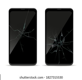 Smartphone crack screen. Damage mobile phone front view template, broken glass display realistic cracked effect recovery, repair service shattered device touchscreen 3d vector isolated mockup set