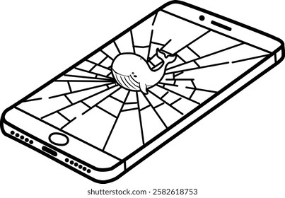 Smartphone with a cracked screen and a cartoon whale emerging from the cracks. The image represents the fragility of technology and the expanding influence of AI in modern society.