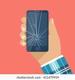 Smartphone With A Cracked Screen In A Man's Hand. Broken Phone. Crack On Screen. Vector Illustration Flat Design Style.  Mobile Phone Is Broken.