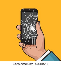 Smartphone with a cracked screen in a man's hand. Broken phone. Crack on screen. Vector illustration. Pop art style.