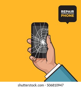 Smartphone With A Cracked Screen In A Man's Hand. Broken Phone. Crack On Screen. Vector Illustration. Pop Art Style