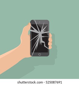 Smartphone With A Cracked Screen In A Man's Hand. Broken Phone. Crack On Screen. Vector Illustration Flat Design Style. Mobile Phone Is Broken. Smartphone.