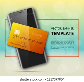 Smartphone & credit card banner. Advertising promo poster phone bank card icon. Communicator PDA Electronic money funds transfer. Plastic card phone software. Update banking icon. Debit bank card chip