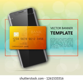 Smartphone & credit card banner. Advertising promo poster phone bank card icon. Communicator PDA Electronic money funds transfer. Plastic card phone software. Update banking icon. Debit bank card chip