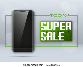 Smartphone & credit card banner. Advertising promo poster phone bank card icon. Communicator PDA Electronic money funds transfer. Plastic card phone software. Update banking icon. Debit bank card chip