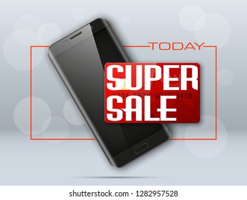 Smartphone & credit card banner. Advertising promo poster phone bank card icon. Communicator PDA Electronic money funds transfer. Plastic card phone software. Update banking icon. Debit bank card chip
