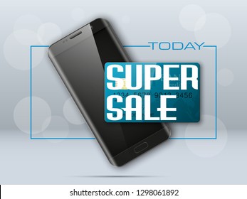 Smartphone & credit card banner. Advertising promo poster phone bank card icon. Communicator PDA Electronic money funds transfer. Plastic card phone software. Update banking icon. Debit bank card chip