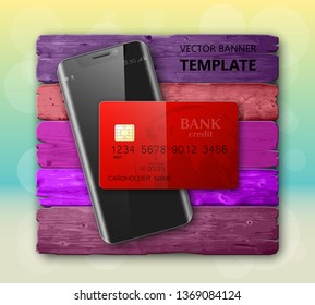 Smartphone & credit card banner. Advertising promo poster phone bank card icon. Communicator PDA Electronic money funds transfer. Plastic card phone software. Update banking icon. Debit bank card chip