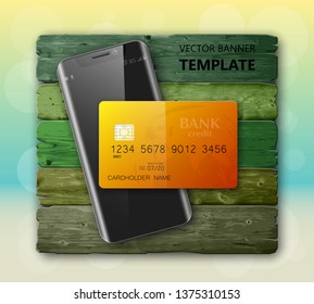 Smartphone & credit card banner. Advertising promo poster phone bank card icon. Communicator PDA Electronic money funds transfer. Plastic card phone software. Update banking icon. Debit bank card chip