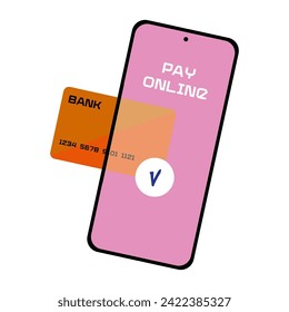 Smartphone and credit card banner isolated on white. Advertising promo poster phone bank illustration. Electronic money funds transfer. Safe Paying online concept Flat or cartoon illustration.