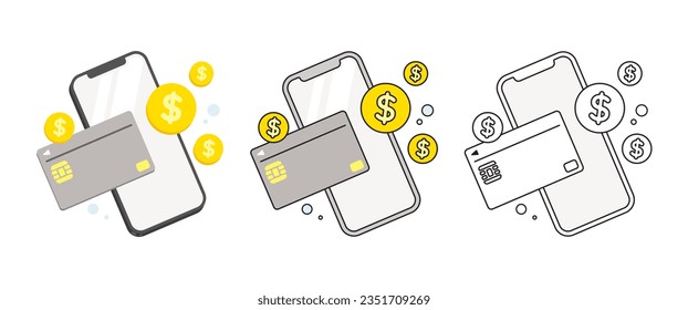 Smartphone, credit card and dollar mark icon set vector illustration