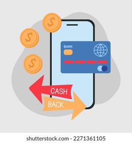 Smartphone with credit card and golden coins. Cashback, or refund money concept. Hand drawn vector illustration isolated on light background. Modern flat cartoon style.