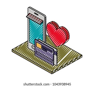 smartphone with credit card and heart isometric icon