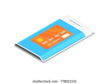 Smartphone with credit card isometric 3D icon. Digital technologies, mobile computer gadget with network communication vector illustration