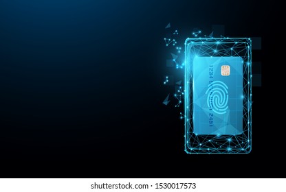 Smartphone with credit card from lines, triangles and particle style design. Mobile and digital payment concept