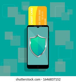 Teléfono inteligente y tarjeta de crédito. Seguridad de datos móviles. Transacción bancaria segura. Tecnología y software para la seguridad de las aplicaciones. EPS10