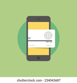 Smartphone With Credit Card, Mobile Wallet Technology, Wireless Payment With Smart Phone. Flat Icon Modern Design Style Vector Illustration Concept.