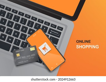 Smartphone and credit card on computer laptop and all object on orange background for online shopping concept design,vector 3d for advertising design