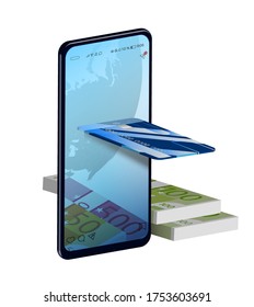 smartphone and credit card, online banking concept and fast money transfers via the Internet. Using payment cards online. Cashing and exchange. Design element of modern technology. Realistic vector