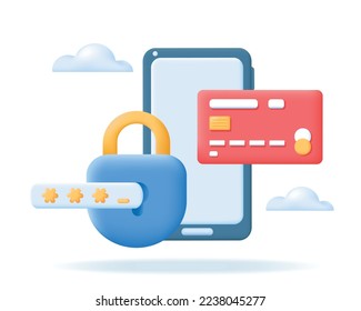 Smartphone, Credit card, Padlock and password icons 3d. Pin code password protection, Secure money payment online system concept. Vector illustration isolated on white background.