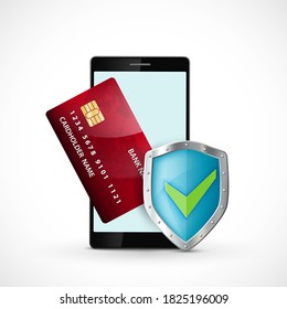 Smartphone with credit card and shield. Security of money transfers and payments. Icon isolated on white background. Vector illustration.