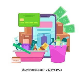 Smartphone with credit card, shopping basket and bag with cosmetic products. Vector illustration. Mobile app, e-commerce boom concept