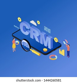 Smartphone CRM app isometric illustration. Customer relationship management system mobile application, software. Marketing automation. Client database on phone 3d concept isolated on blue background