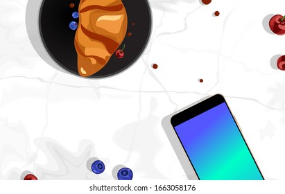 Smartphone, croissant, cherry and blueberries on marble background