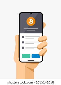 Smartphone with crypto wallet application. Bitcoin operations screen. EPS 10 Vector