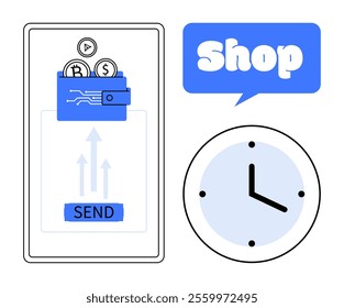 Smartphone with cryptocurrency coins and Send button, speech bubble with Shop, and clock. Ideal for e-commerce, finance, technology, time management, and digital transactions. Minimalist style