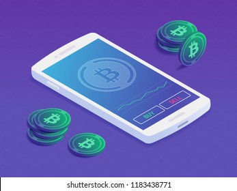 Smartphone with cryptocurrency trading app on the screen showing buying and selling Bitcoin isometric vector illustration