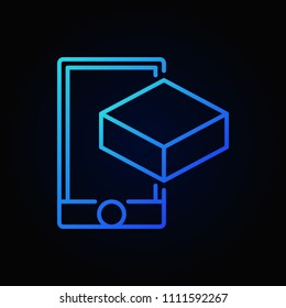 Smartphone with cube blue linear icon. Vector AR outline symbol or logo element on dark background