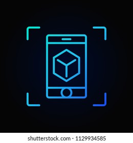 Smartphone with cube blue outline icon. Vector AR concept sign or design element on dark background