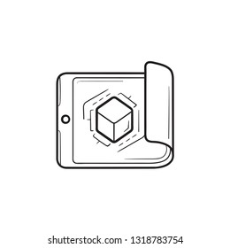 Smartphone with cube inside hand drawn outline doodle icon. Framework, product design and project plan concept. Vector sketch illustration for print, web, mobile and infographics on white background.