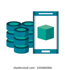 Smartphone with cube on screen and servers disks vector illustration graphic design