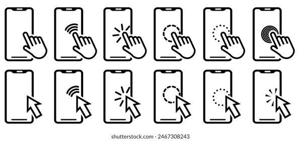 Smartphone with cursor click on screen. Click hand and arrow cursor in phone icons