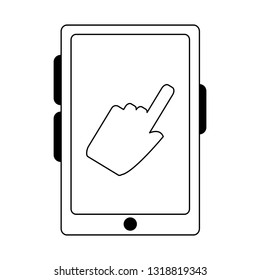 smartphone with cursor hand on screen in black and white